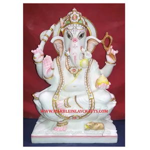 Nieuwste Handgemaakte Zeer Mooie Witte Marmeren Ganesh Ji Standbeeld Zittend Op Singhasan Aantrekkelijk Standbeeld Voor Ganesh Chaturthi