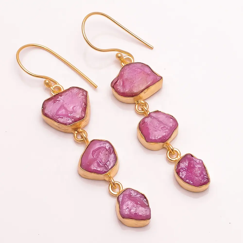 Hoa Tai Đá Quý Thô Của Ruby, Trang Sức Bằng Đồng Mạ Vàng Vermeil, Đồ Trang Sức Úc