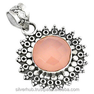 Venta caliente 925 joyería de plata esterlina forma redonda cuarzo rosa colgante de piedras preciosas proveedor en precio al por mayor ODM OEM - Product Image 1
