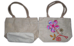 Linen Shopping <b>Bag</b> Embroidered Flower Design Zipper Closure <b>Medium</b> <b>Size</b> Fashion Promotional <b>Bag</b> 100% Eco-Friendly Outdoor Use - Product Image 2