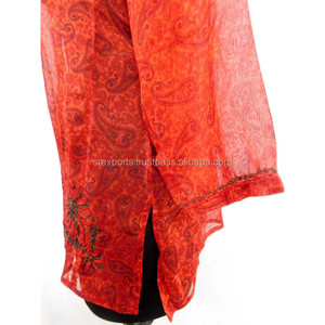 Phụ Nữ Mặc Voan Gà Kurtis Ngắn Thiết Kế Áo Dài Top Red Sheer Voan Gà Thêu Top - Product Image 2