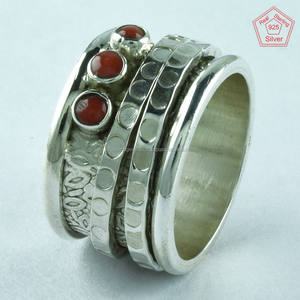 Bague tournante en argent 925 avec pierre de corail, faite à la main, pour mariage/fiançailles/anniversaire, design de bagues en argent sterling exporté d'Inde - Product Image 2