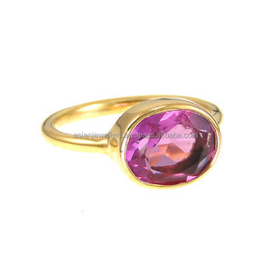 Anillo de piedras preciosas Turmalina de cuarzo rosa fuerte Plata de ley con oro Vermeil para Aniversario de fiesta de boda - Product Image 1