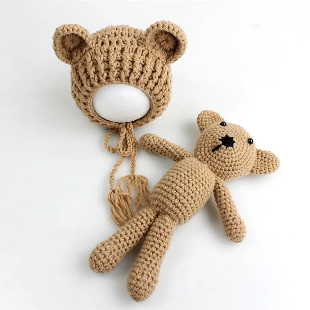 Hand Knit Newborn Baby Girl Boy Photography Prop Photo Crochet Knit Costume Bear Hat Set Newborn Crochet Bear Bonnet Hat Set