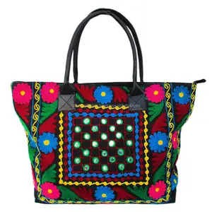 Woman Tote Shoulder Bag Beach Boho Indian Bag Art Woolen Thread Embroidery purse leather handle bag