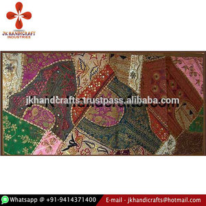 Tapiz de algodón con bordado de retales, bordado de hilo de cuentas, decoración India - Product Image 1