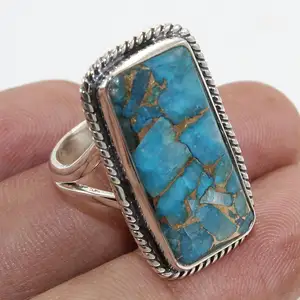 Impresionante colección de joyería de plata de ley 925, anillo de piedras preciosas azul turquesa de cobre, anillo de plata 925 de moda al por mayor