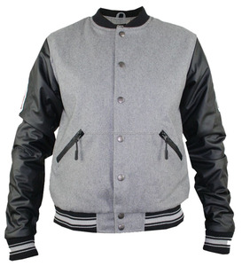 Chaqueta Bomber Varsity de lana bordada con apliques para hombre, color negro y gris - Product Image 1