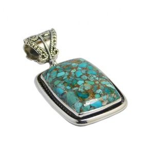 Elegante colgante de joyería fina de Plata de Ley 925, abalorio de cobre azul genuino, piedra preciosa turquesa, placa de plata rodio, ajuste de bisel - Product Image 1