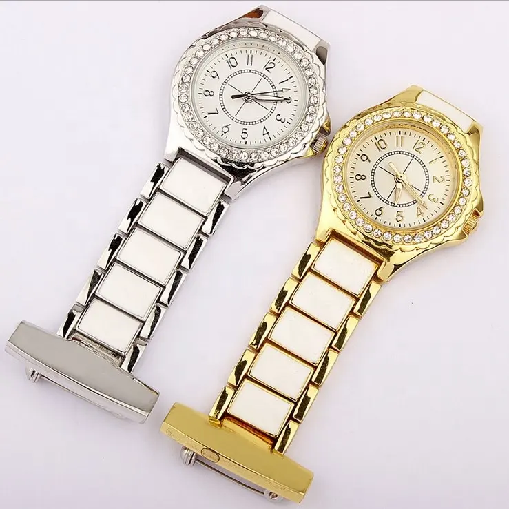 Arabische Cijfers Goud Zilver Quartz Nurse Watch Clip-on Hanger Diamanten <span class=keywords><strong>Horloges</strong></span> Mannen Vrouwen