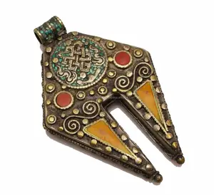 Antiqued Shaped Pendant with Coral & Amber Inlays Ethnic Nepal Tibetan Pendants Jewelry
