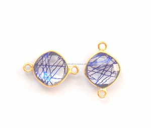 Beautiful <b>Blue</b> Rutile Gemstone Findings <b>Gold</b> Plated Jewelry Making <b>Cushion</b> Shape Faceted Handmade Bezel Connector - Product Image 1