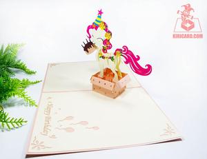 Tarjeta de cumpleaños con estampado encantador colorido Pink Pony Pop Up 3D kirigami Tarjeta de felicitación Artesanía - Product Image 5