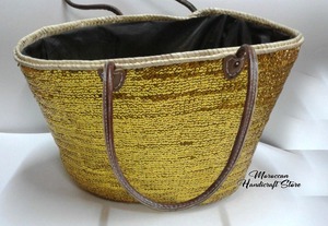Sac fourre-tout en cuir et paille multicolore à sequins scintillants, style panier de marché français, marocain - Product Image 5