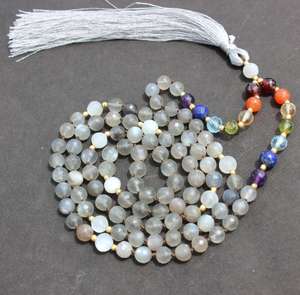Grey Moonstone Mala Faceted Beads Long <b>Silk</b> Tassel Necklace - Product Image 1
