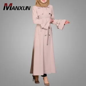 Muslim Long Winter Coat For Women Bell Sleeves Out Abaya With Belt Turkey Style Islamic Dress