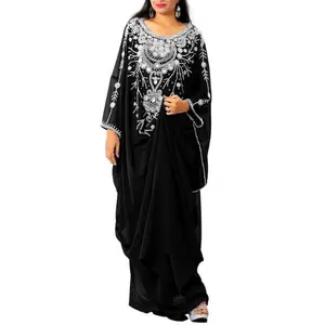 Desainer Baru Paling Elegan Bermanik-manik Muslim Abaya Manik-manik Kaftan O-Neckline Kain Longgar Pas Wanita Pakaian Pernikahan