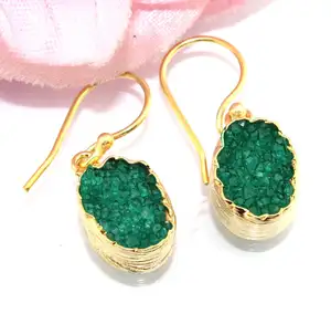 Expensive looking natural green sugar druzy oval shape earring 18k gold plated texture finish collet setting drop dangle earring