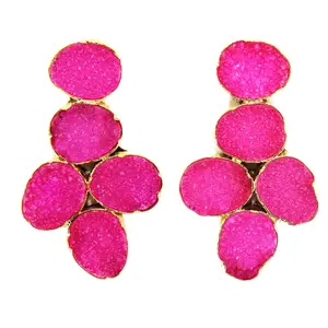 Anting-Anting Wanita Lapis Emas, Anting-Anting Batu Akik Boho Menjuntai Menjuntai, Anting-Anting Wanita Mode Elegan