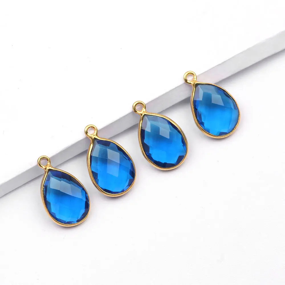 London Blue Topaz 12x16mm Pear Shape Gemstone Charms Jewelry Gold Plated 925 Sterling Silver Bezel Setting Charms Pendant
