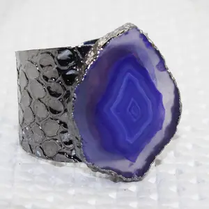 Cincin irisan batu akik biru alami, cincin freeform electroplating ukuran besar cincin pernikahan untuk pemakaian sehari-hari perhiasan