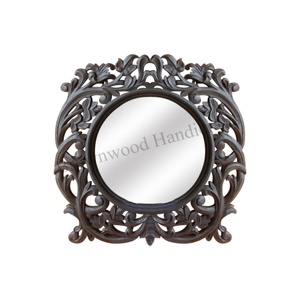 Décoration murale ronde sculptée à la main pour la maison Cadre de miroir artistique en bois de manguier au look vintage pour l'habillage et la décoration murale - Product Image 1