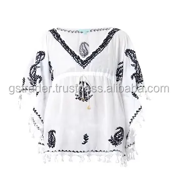A Mano Bohemian Emboidered "colore bianco" Caftano vestito beachwear poncho parti superiori del cotone ricamato delle donne del vestito