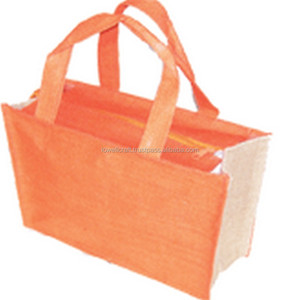 Orange Jute Shopping <b>Bag</b> with Front Pocket Mini Size Geometric Pattern Long Handle for Party Use-Lowellcraft - Product Image 4