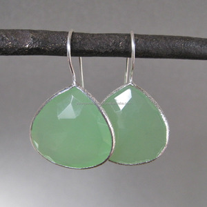 925 Sterling <b>Silver</b> Trendy <b>Hoop</b> Earrings with Green Chalcedony Gemstone for Weddings Parties or Gifts - Product Image 1