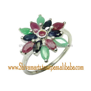 Exagération 925 Sterling Silver Flower Shape Multi Color Emerald Ruby Sapphire Multi Gemstone Ring Eternity Vermeil Rings - Product Image 2