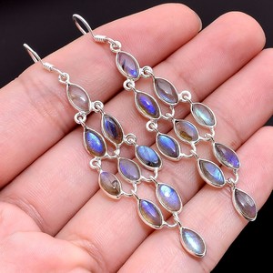 Boucle d'oreille simple en argent sterling 925, bijoux de lustre en labradorite pour femmes - Product Image 2