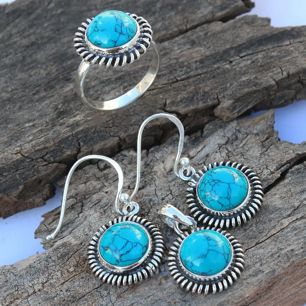Personalized Women Men Western Vintage Earrings Pendant Ring 925 Sterling Silver Natural Turquoise Jewelry Set
