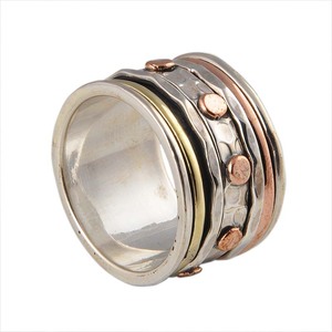 925 Sterling Silver Classic Party Mixed Metal <b>Spinner</b> <b>Ring</b> Wholesale Brass Copper Studded Hammered Wide Band Meditation Anxiety - Product Image 1