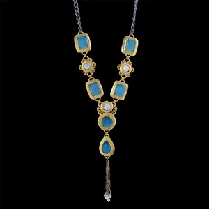 Checker Cut Aqua Blue Chalcedony Gemstone Gold Finished Pearl Necklace