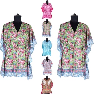 KFSL002 Caftan court surdimensionné 100% coton 2025 vêtements de villégiature de qualité supérieure imprimé à la main et motif floral Caftan de taille libre - Product Image 1