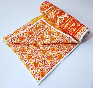 Handmade Kantha ผ้าห่มผ้านวมบล็อกดอกไม้พิมพ์ผ้านวม