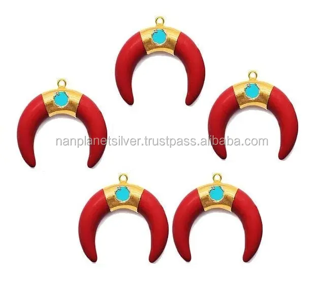 Corallo rosso Placcato Oro Pendente Crescent con Turchese