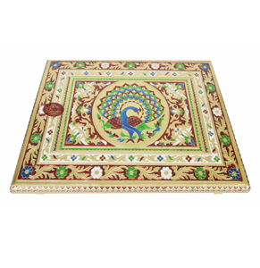 RAJWADI-taburete de madera hecho a mano con diseño de pavo real, CHOWKI-PATLA CHOWKI de 15 "x 21" x 3 ", PATLA-G.M - Product Image 1