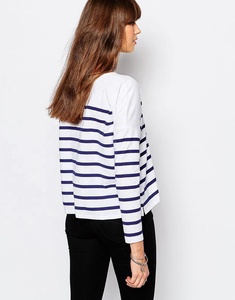 เสื้อยืดแขนยาวสำหรับผู้หญิง,เสื้อผ้าเจอร์ซีย์ผ้าฝ้ายบริสุทธิ์ผ้านิ่มระบายอากาศได้ดีคอกลมพิมพ์ลายทางดีไซน์ล่าสุด - Product Image 5