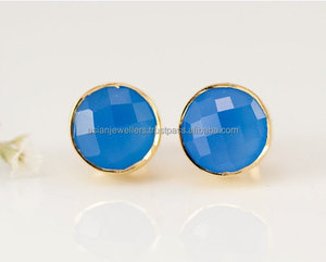 925 <b>sterling</b> <b>silver</b> Blue Chalcedony gemstone <b>stud</b> gold vermeil <b>earrings</b> - Product Image 1