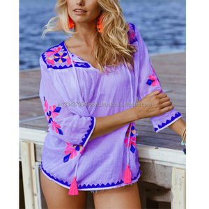 100% Cotton Decent Summer Cool Comfortable Tassel Tie Cheap Price Top Tunic Trendy Latest Fashionable 3/4 Sleeves Women Blouse - Product Image 1