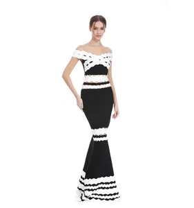 L1509 멕시코 파티 착용 긴 드레스 여성 레이디 우아한 흰색과 검은 색 가운 인어 웨딩