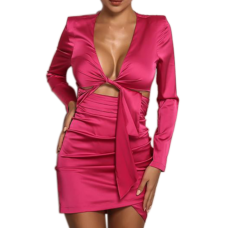 Shop Our Long Sleeve Sexy Hot Pink Satin Night Party Dress