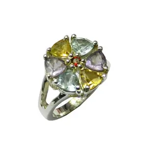蓝色黄玉多宝石戒指订婚结婚礼物周年派对穿戒指手工925纯银首饰