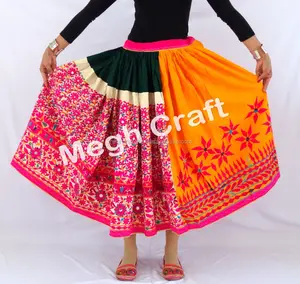 De la mano de la moda bordado Navratri Ghagra -Vintage indio Rabari bordado hecho a mano falda-falda de algodón tribal espejo falda