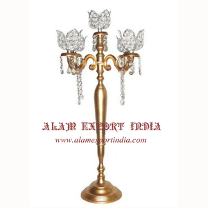 Best Quality Shiny <b>Gold</b> Finished Tall Metal Aluminum 5 Arm Crystal Flower Top <b>Candelabra</b> Crystal Drops Candle Stand for Tabletop - Product Image 1