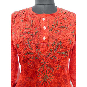 Tunique courte en mousseline de soie pour femme, vêtements sexy, avec du poulet kurtis, haut rouge, broderie de poulet - Product Image 4