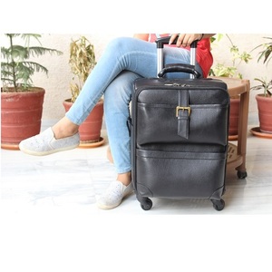 Carrito de viaje clásico de cuero genuino negro, bolsa de viaje y equipaje con cremallera - Product Image 1