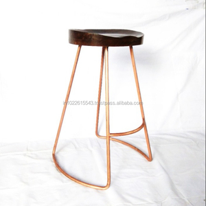 Industriel Cuivre Plaqué Tabouret de Bar En Bois Sculpté Siège, Finition Cuivre Antique Tabouret de Bar avec Siège En Bois - Product Image 4