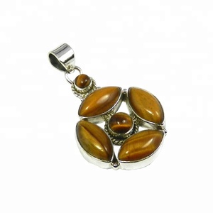 Vente chaude Vintage indien fait à la main 925 en argent Sterling bijoux fins naturel oeil de tigre pendentif en pierre précieuse argent charmant Design - Product Image 1